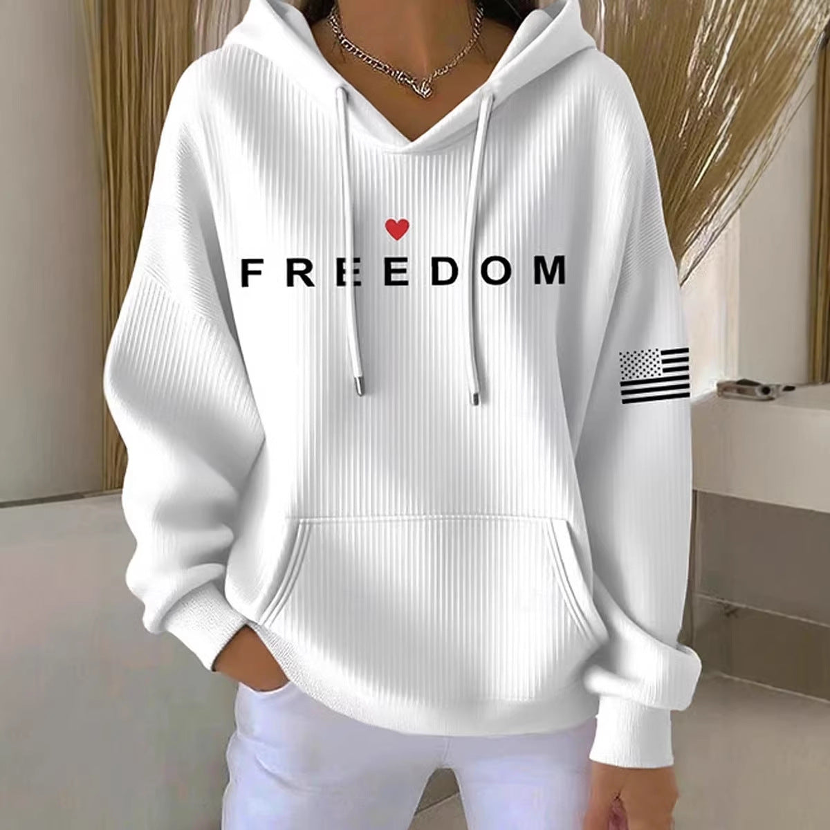 Freedom Graphic Hoodie for Women — Ribbed V Neck Pullover in Soft Cotton