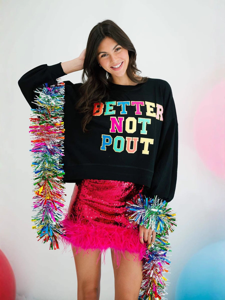 Black women's knitted pullover with multicolor "Better Not Pout" text and long sleeves