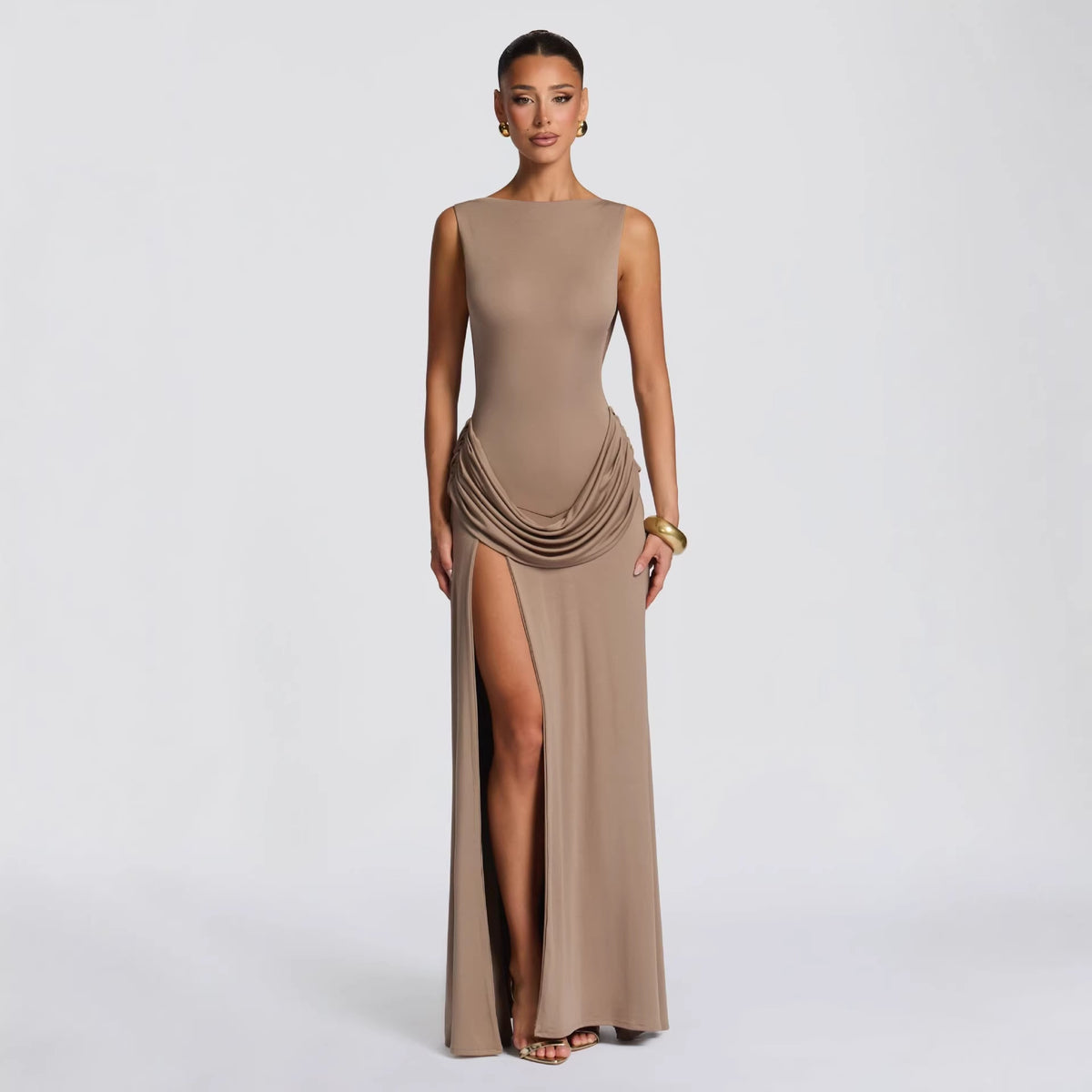Khaki draped sleeveless maxi dress with cowl neckline and side slit