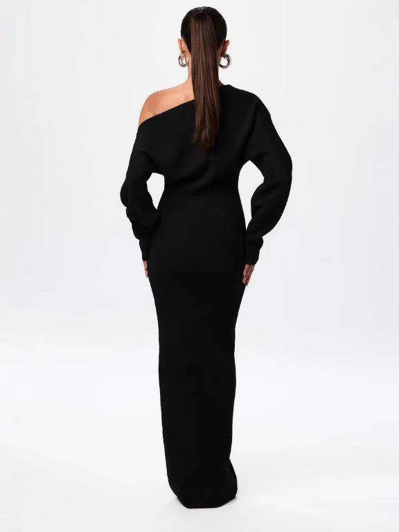 Women's slim long-sleeve off-shoulder knit dress, black (back view)