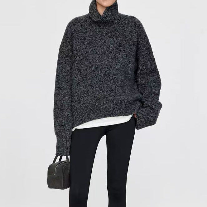 Charcoal knit turtleneck sweater with dropped-shoulder sleeves and ribbed cuffs