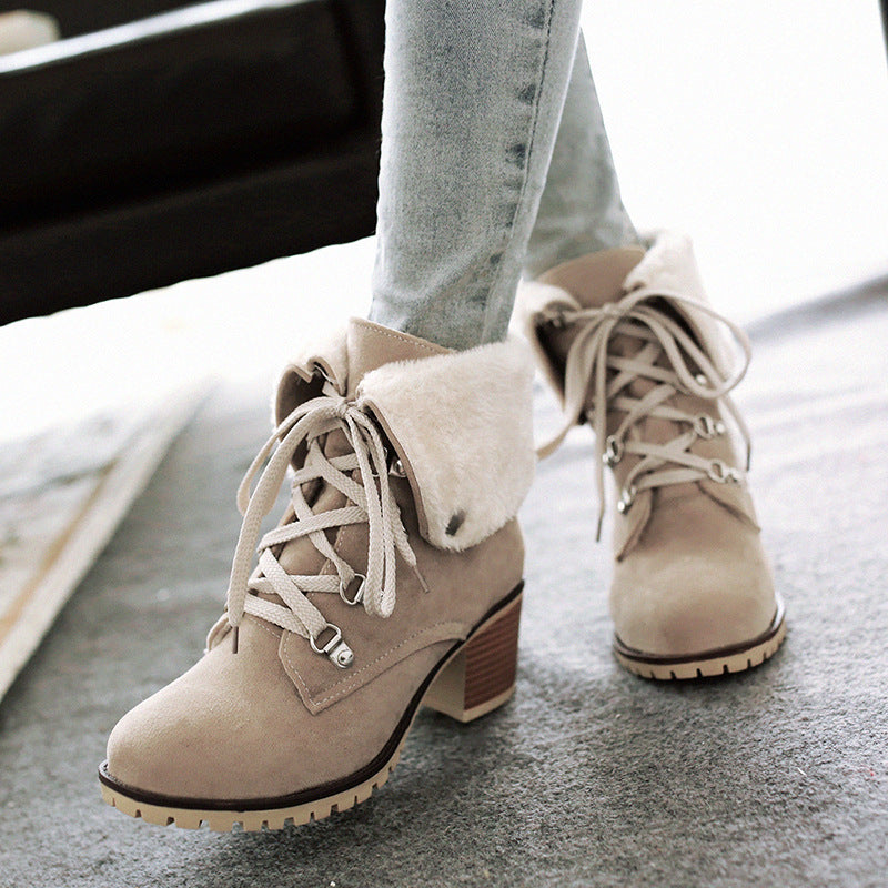 Women’s lace-up short boots with faux-fur cuffs, chunky heel, beige/taupe with light laces.