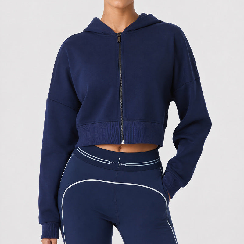 Dark blue zip-up hooded cropped sports jacket with long sleeves and front zipper