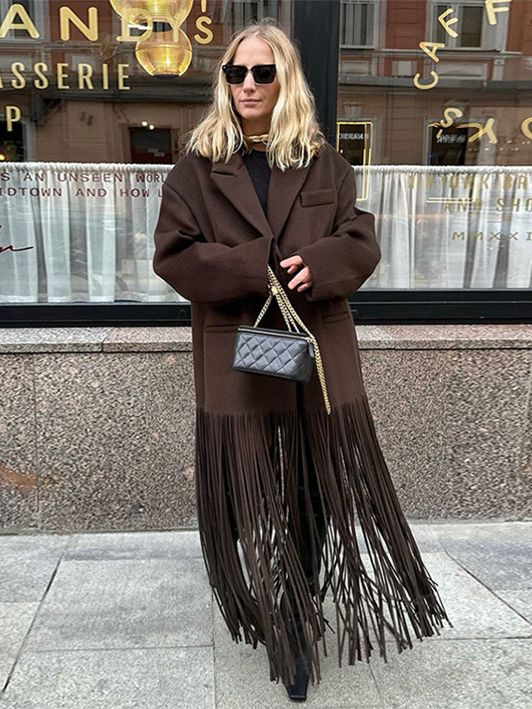 Dark brown longline fringe duster coat with lapel collar and tassel trim, open front