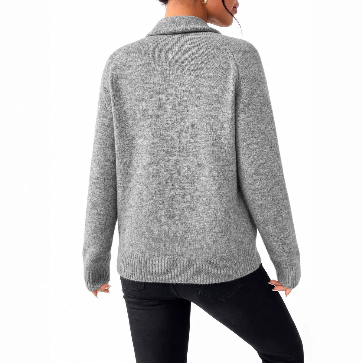 Back view of gray knitted sweater with long sleeves and ribbed hem