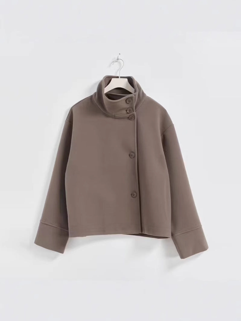 Women’s wool jacket, taupe stand collar with button front, long sleeves