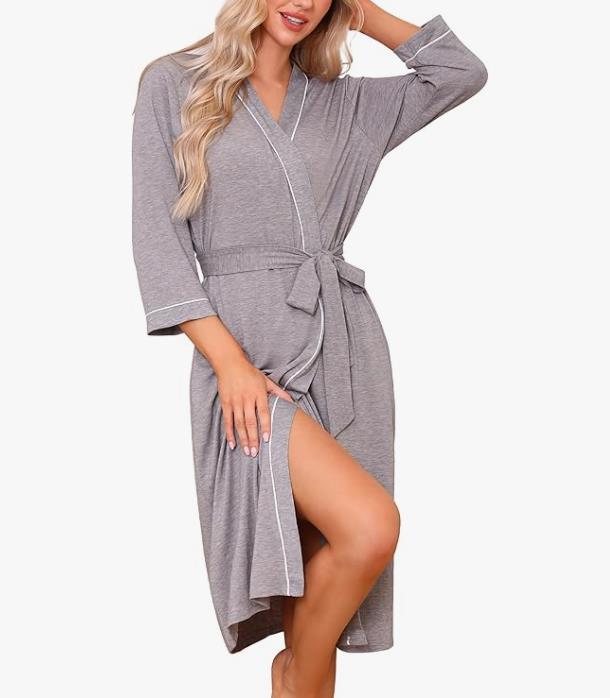 Light gray kimono robe with V-neck, tied waist belt, 3/4 sleeves, front slit
