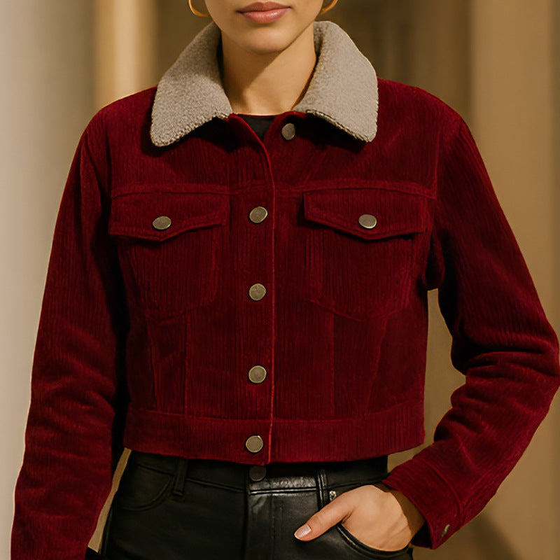 Burgundy corduroy cropped trucker jacket with sherpa collar and gold-tone button details