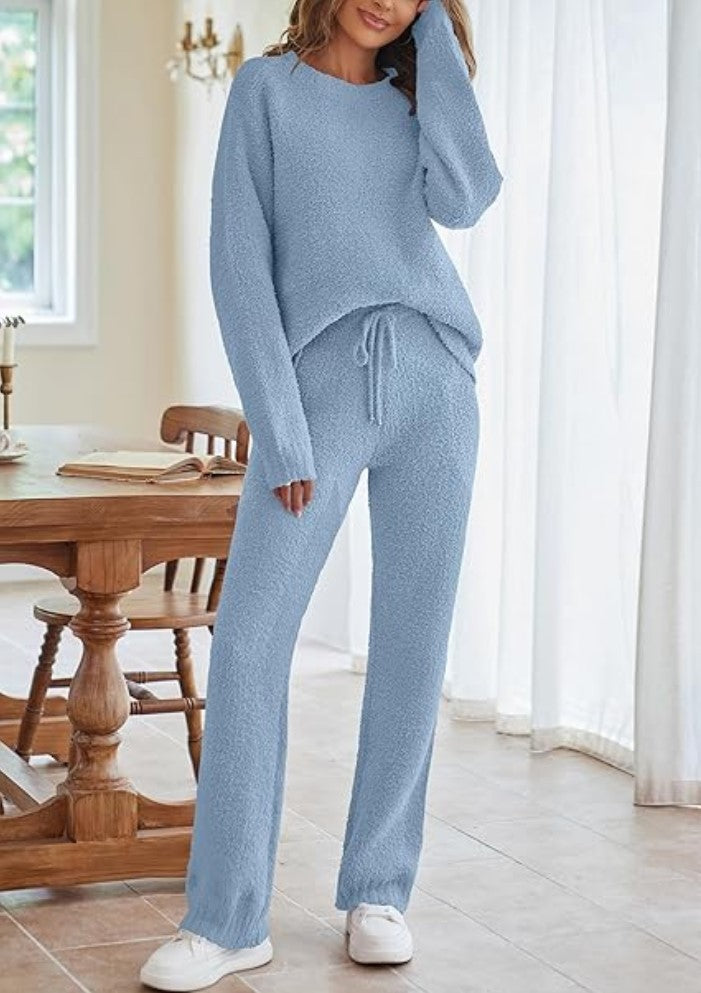 Women's powder-blue knit lounge set, long sleeves and drawstring straight pants