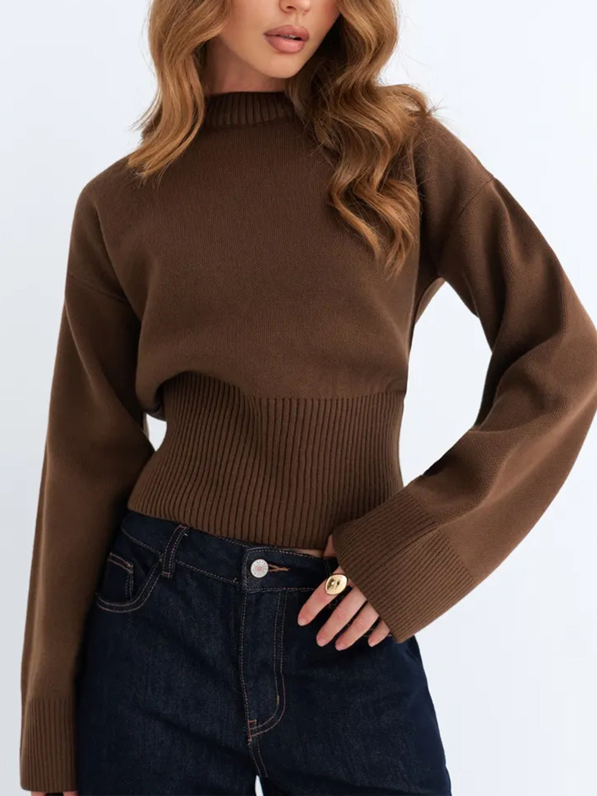 Cropped Mock Neck Sweater for Women — Wide Sleeve Fitted Waist Knit in Soft Wool