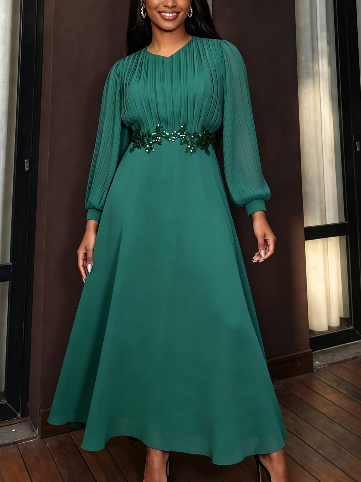 Chiffon Maxi Dress for Women — Pleated Lantern Sleeve Evening Gown with Sequin Waist
