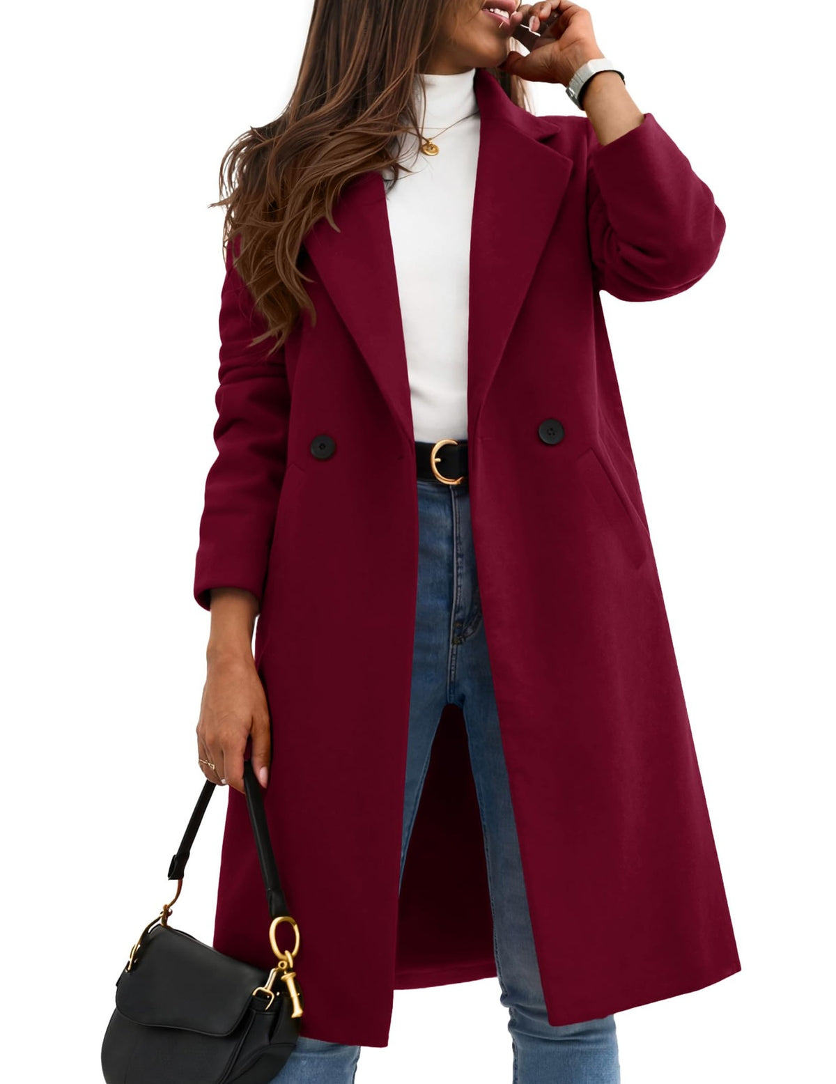 Long wine-red wool overcoat with wide lapels, double-breasted buttons, and cuffed sleeves