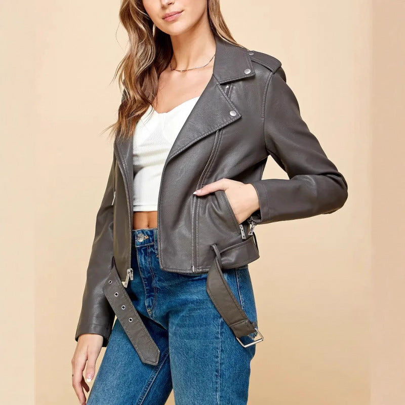 Women's short PU leather jacket in dark gray, zip-front biker style with snap buttons