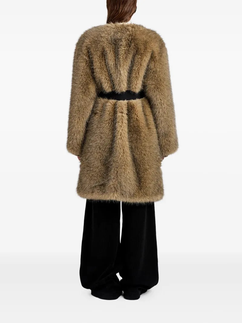Brown faux fur long coat with round neck; back belt detail and gathered waist, full back view