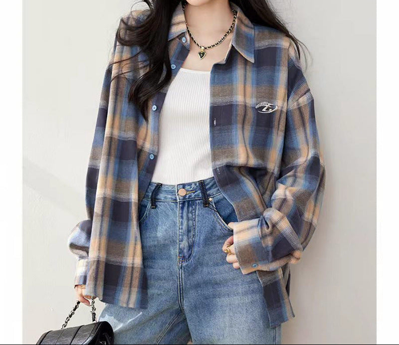 Oversized Plaid Shirt for Women — Button Front Layering Top with Chest Pocket in Brushed Cotton