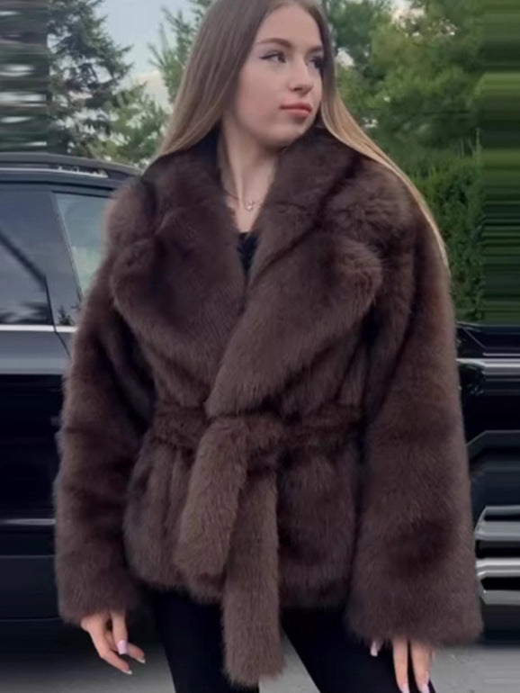 Dark brown faux fur belted coat with wide lapels and long sleeves