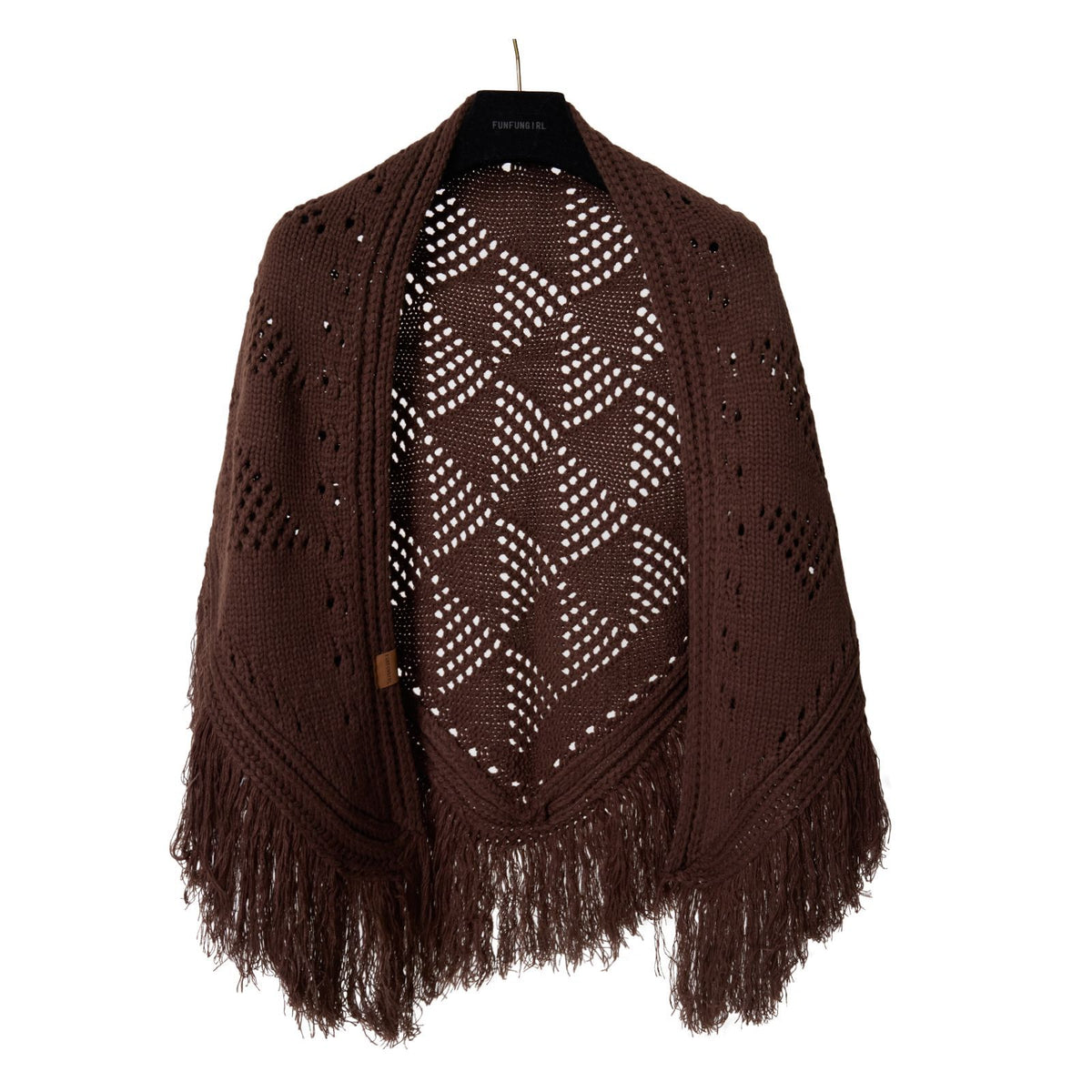 Dark brown crochet triangle shawl with hollow diamond pattern and long fringe tassels.