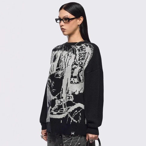 Oversized Graphic Sweater for Women — Gothic Portrait Jacquard Knit in Cotton Blend