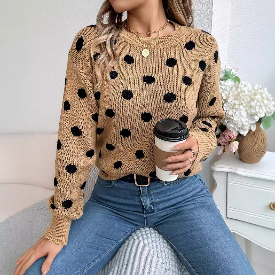 Women's polka-dot knit pullover sweater, khaki with black dots and ribbed crew neck.