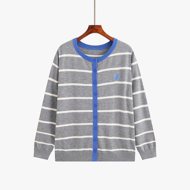 Striped Cardigan for Women — Button Front Knit with Contrast Trim in Soft Cotton