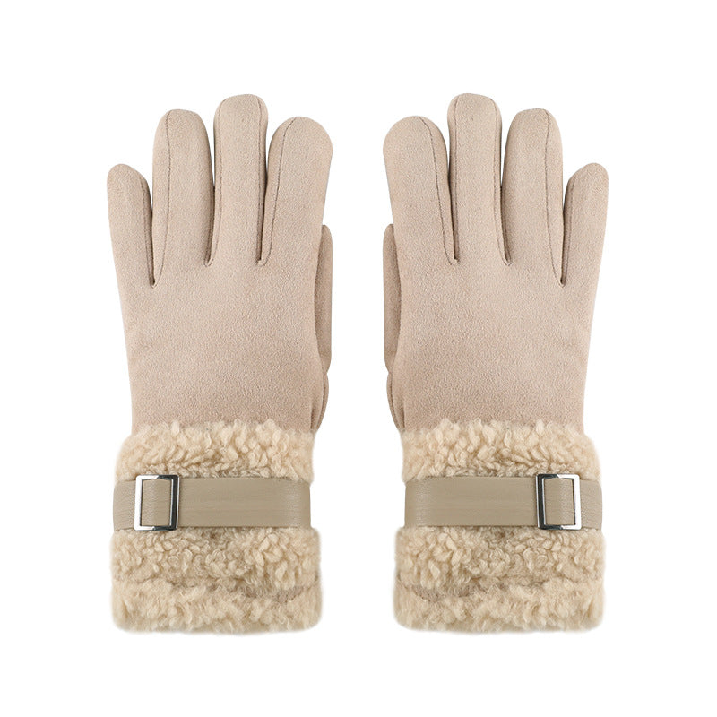 Beige suede winter gloves with fleece lining and adjustable buckle cuff strap