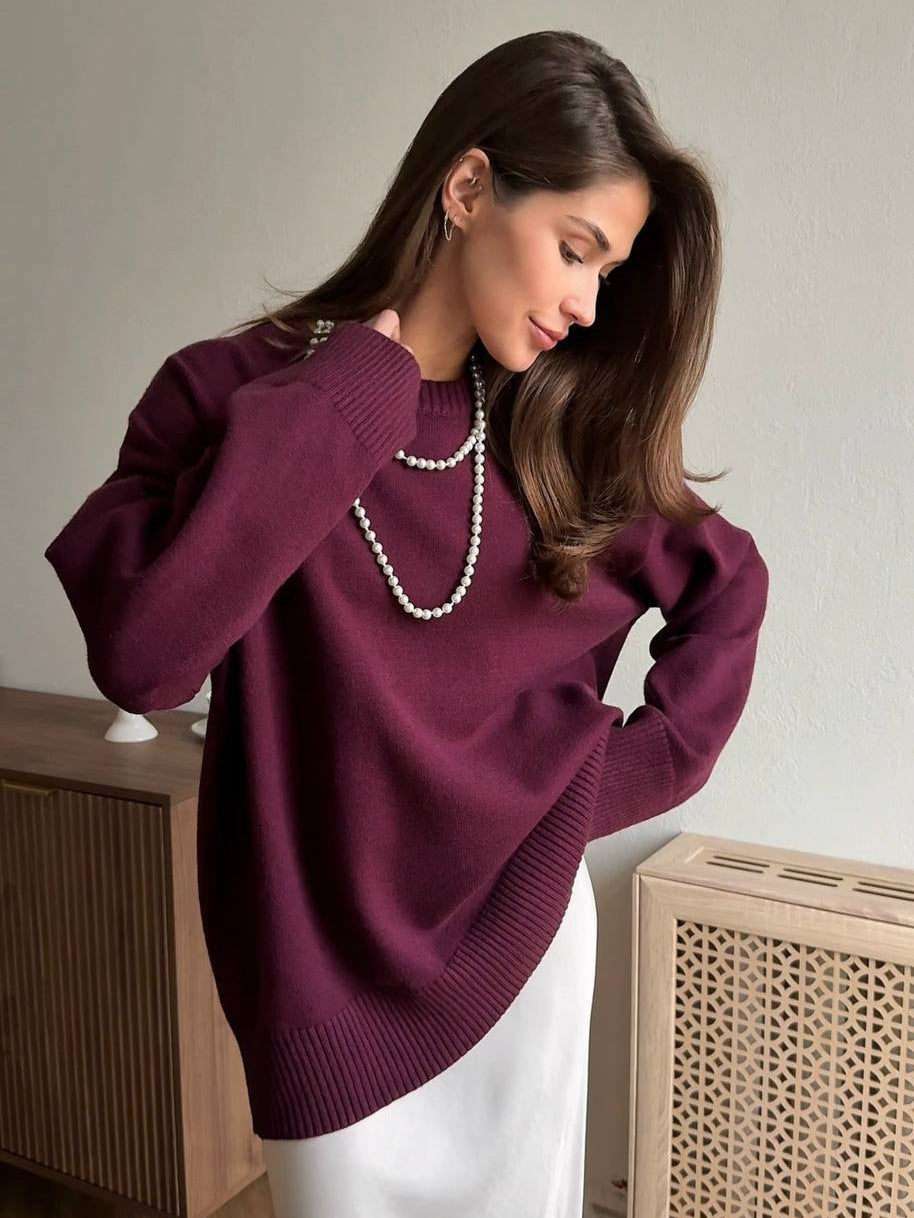 Women's burgundy cotton knit sweater with crew neck, long sleeves, ribbed cuffs