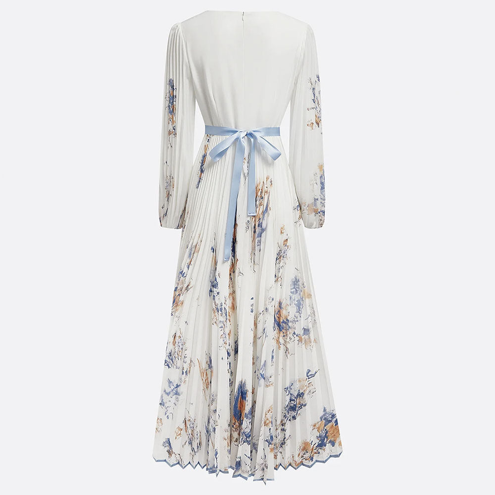 Floral chiffon maxi dress back, white with blue blossoms, bow tie waist, long sleeves