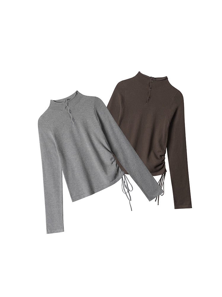 Women’s long-sleeve knit sweater, stand collar, button placket; gray and dark brown