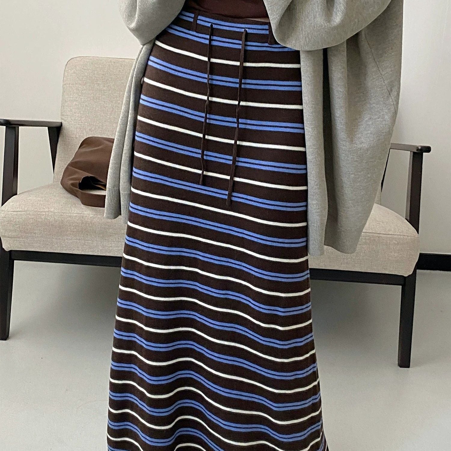 Striped Knit Maxi Skirt — A Line Silhouette with Drawstring Waist in Wool Blend