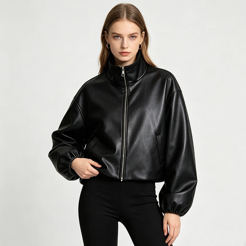 Women's black stand-collar faux leather jacket with zip front and gathered cuffs