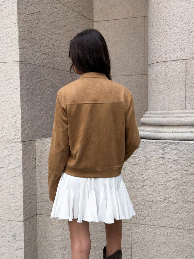 Back of khaki cropped faux suede zip-up bomber jacket with yoke seam and pockets