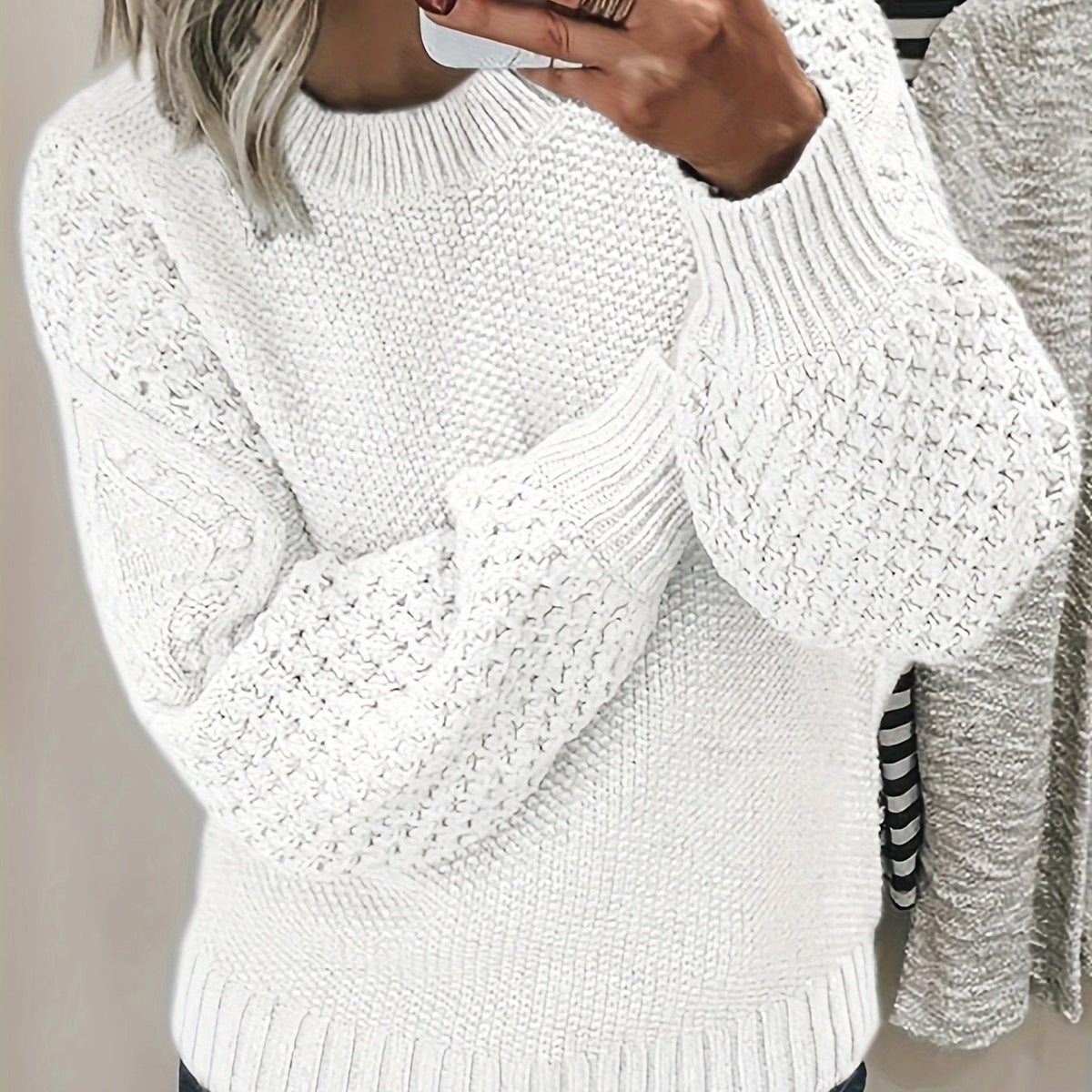 Plus-size knit sweater, round neck pullover with ribbed cuffs and hem, white textured knit
