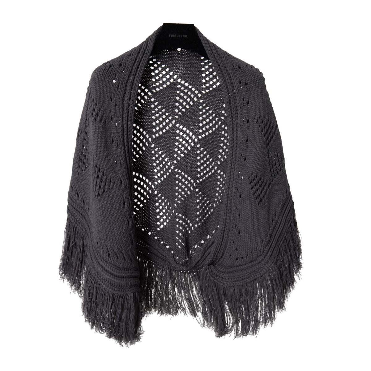 Dark gray crochet triangle shawl with hollow diamond pattern and long fringe tassels.