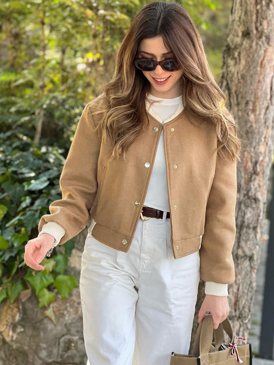 Women’s suede-look bomber jacket in tan/brown, button-front, ribbed cuffs and hem