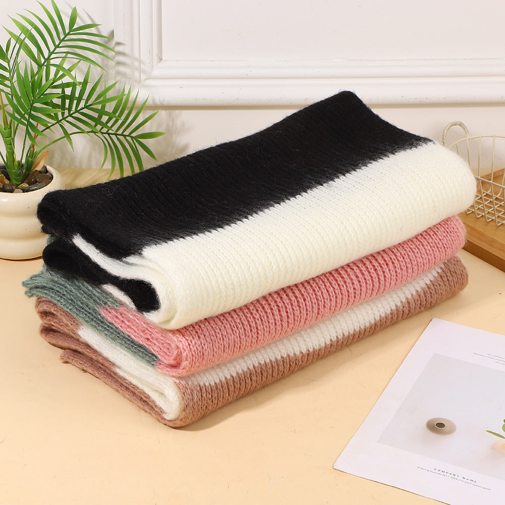 Folded knit scarves set with black/white, pink, and green striped designs