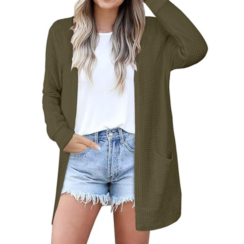 Waffle Knit Open Front Cardigan for Women — Long Lightweight Layer with Pockets in Cotton Blend