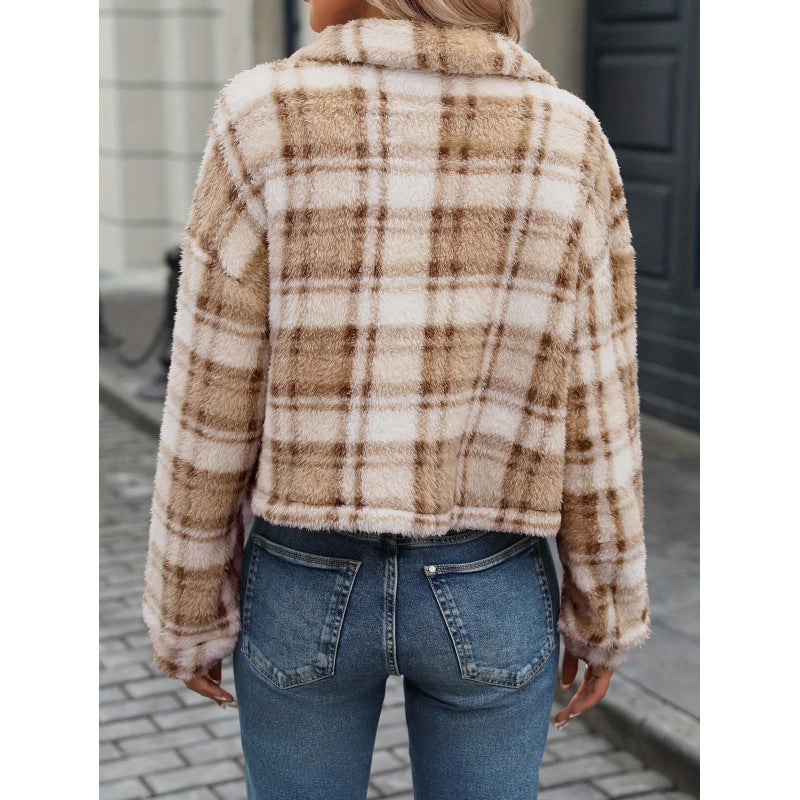 Women’s khaki plaid plush button cardigan, back view with full buttoned yoke