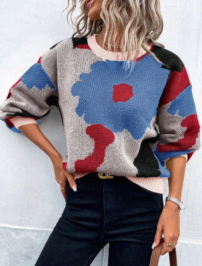 Women’s knitted pullover sweater, round neck, long sleeves, cream with blue and red camo pattern