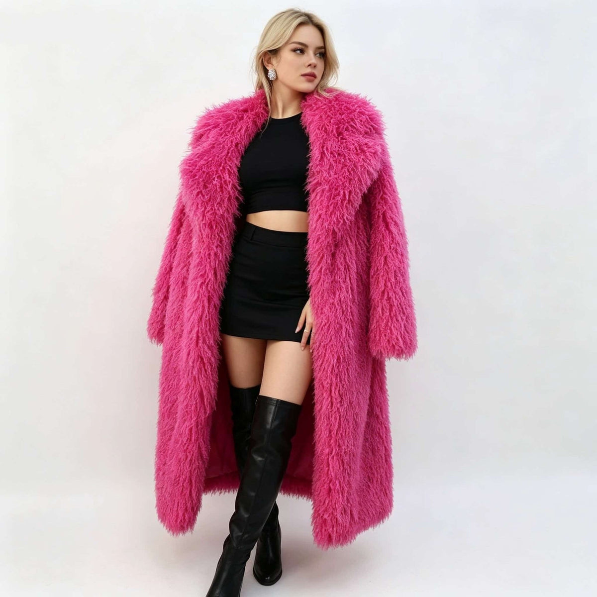 Women’s long faux fur coat in bright pink, open front, long sleeves