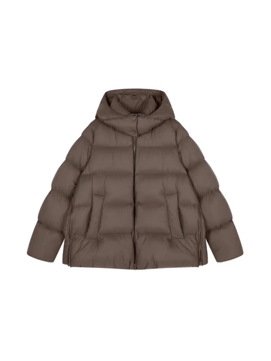 Dark brown short hooded puffer jacket, quilted panels and front zipper