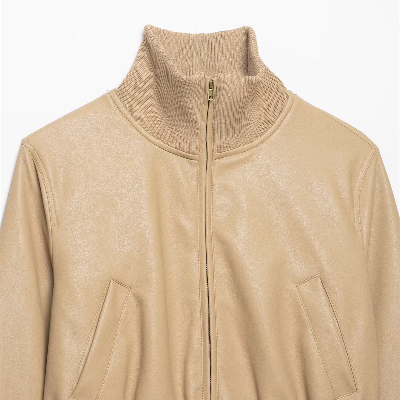 Khaki faux leather bomber jacket with stand collar, zip closure, and front welt pockets