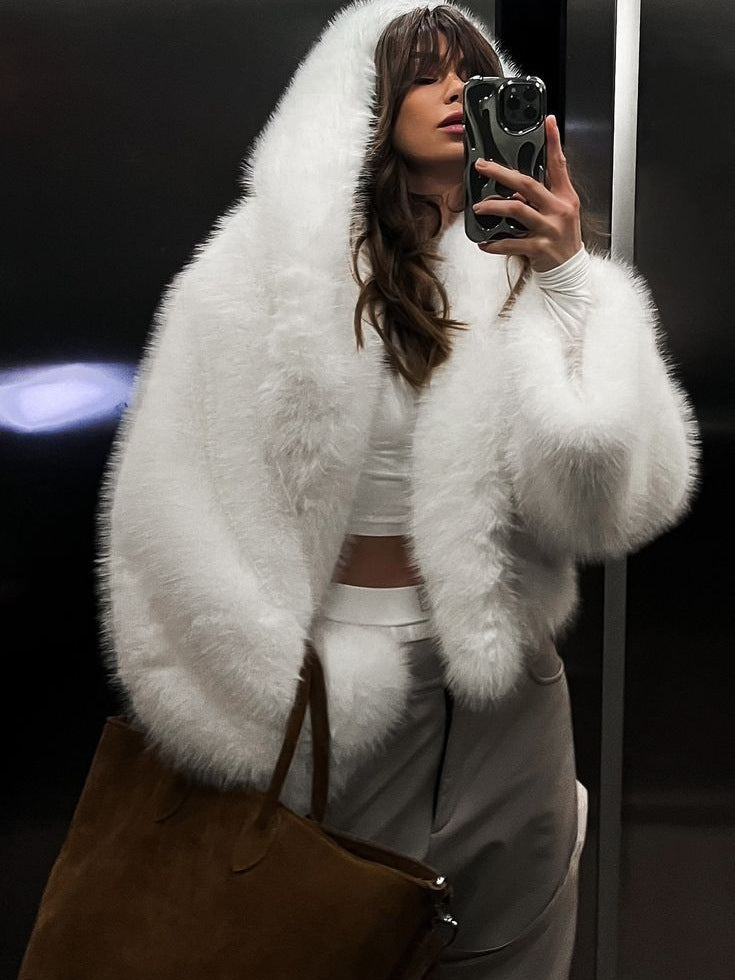 White fluffy hooded faux fur coat with wide sleeves, open front