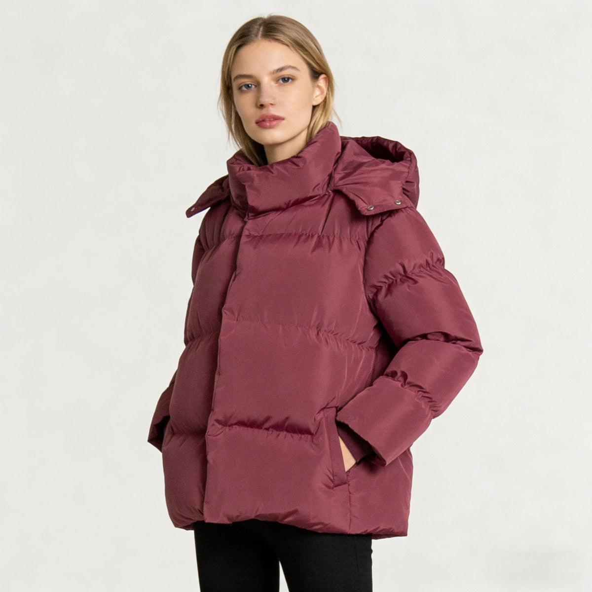 Women’s hooded puffer cotton jacket, quilted wine-red front view with full zipper