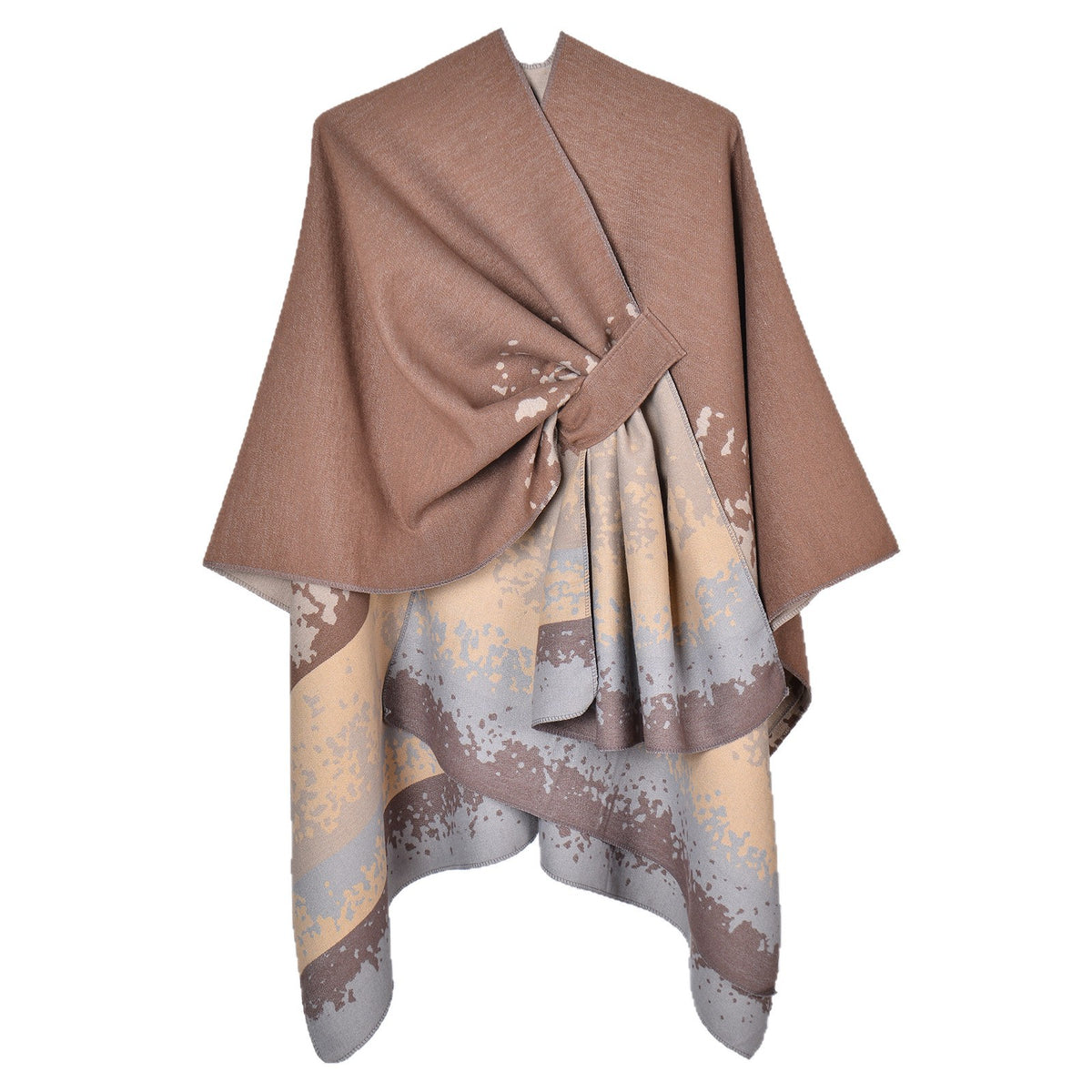 Faux cashmere print shawl, taupe top with light beige and blue splash pattern, draped.