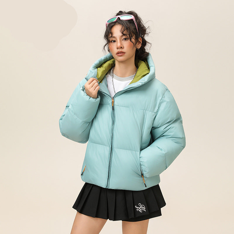 Light blue hooded puffer jacket, zip-front quilted short down coat