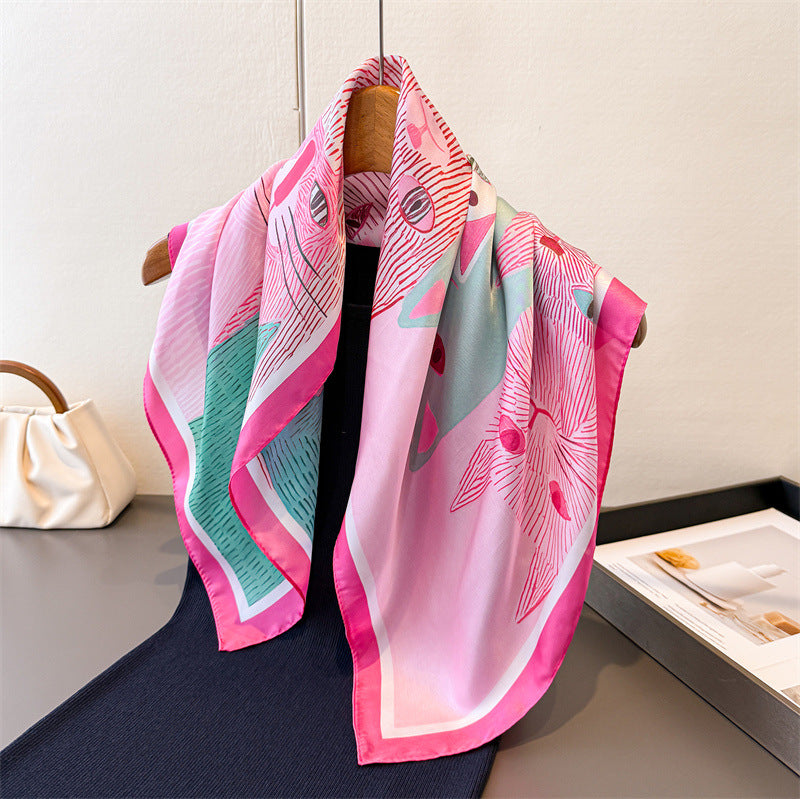 Cat-print silk-look square scarf in pink with teal and light-blue cat faces