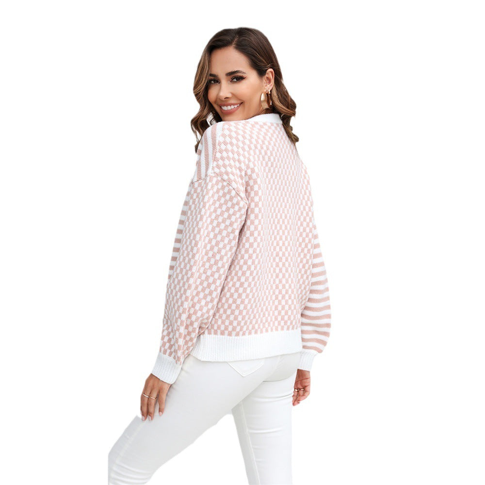 Women’s pink-and-white checker knit cardigan with button front and ribbed cuffs