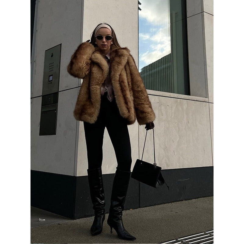 Brown short fur jacket with shaggy collar and long sleeves