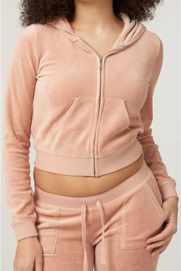 Light pink velvet zip-front hoodie jacket with drawstring waist pants close-up