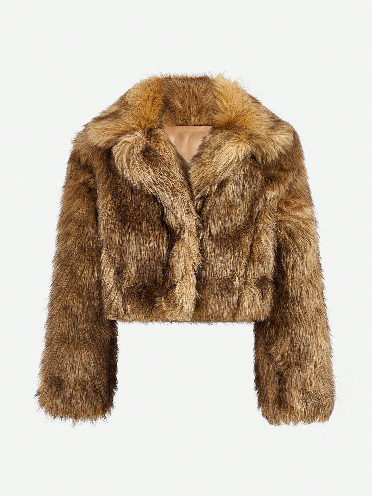 Brown faux fur cropped short coat with turn-down collar, open front